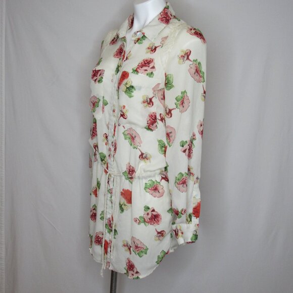 Miss Me Cream Floral Boho Tie Waist Tunic Top Tab Roll Sleeve Women's S Small - Picture 4 of 11